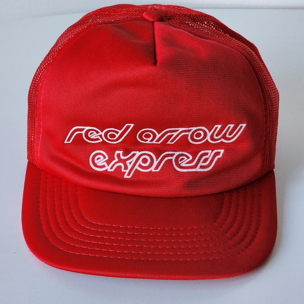 Vintage Red Arrow Express Trucker Hat Mesh Baseball Cap Snap Back 80s Script Red